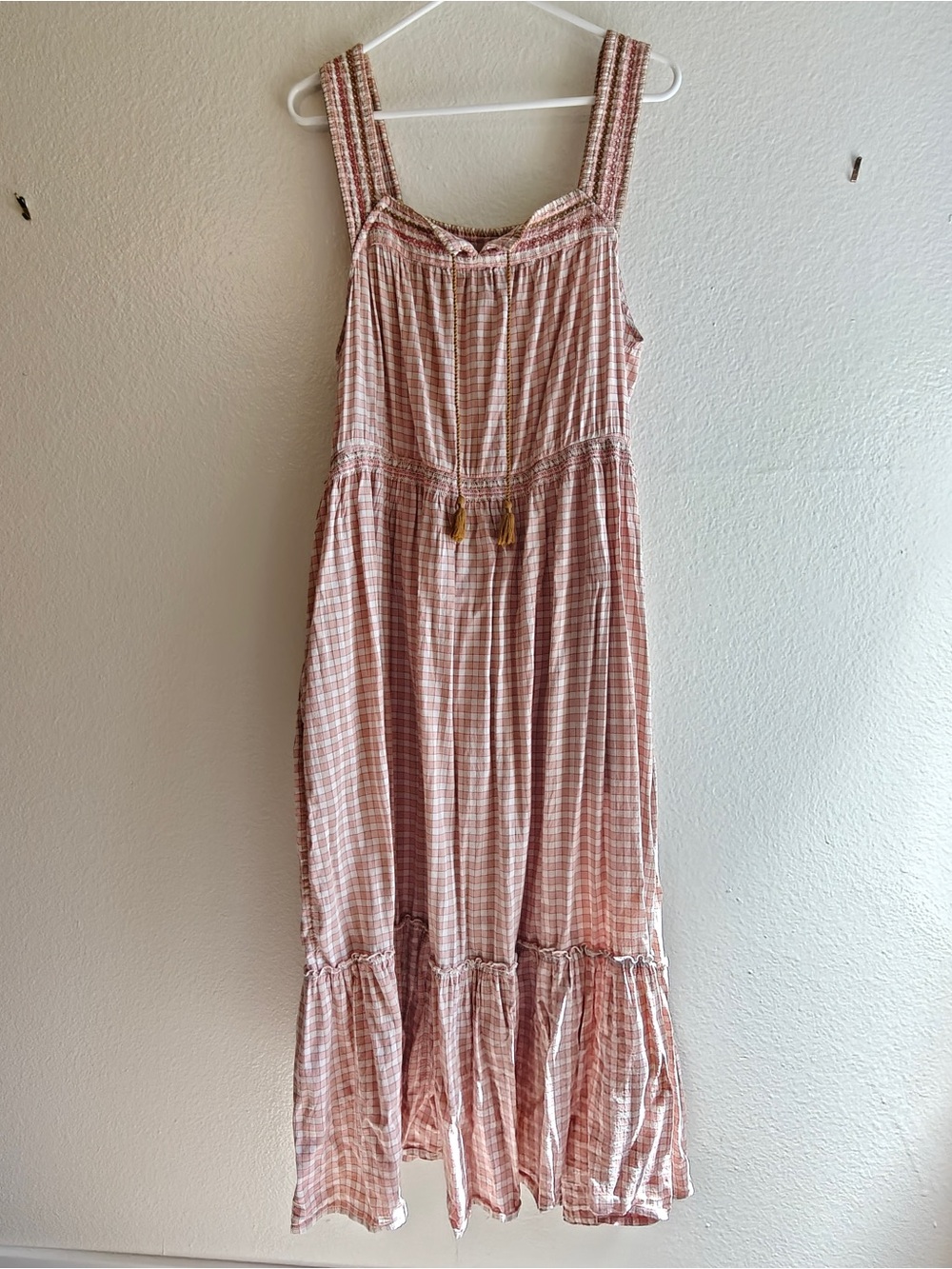 Old Navy Plaid Embroidered Tiered Maxi Dress XL Pink Cottagecore Boho